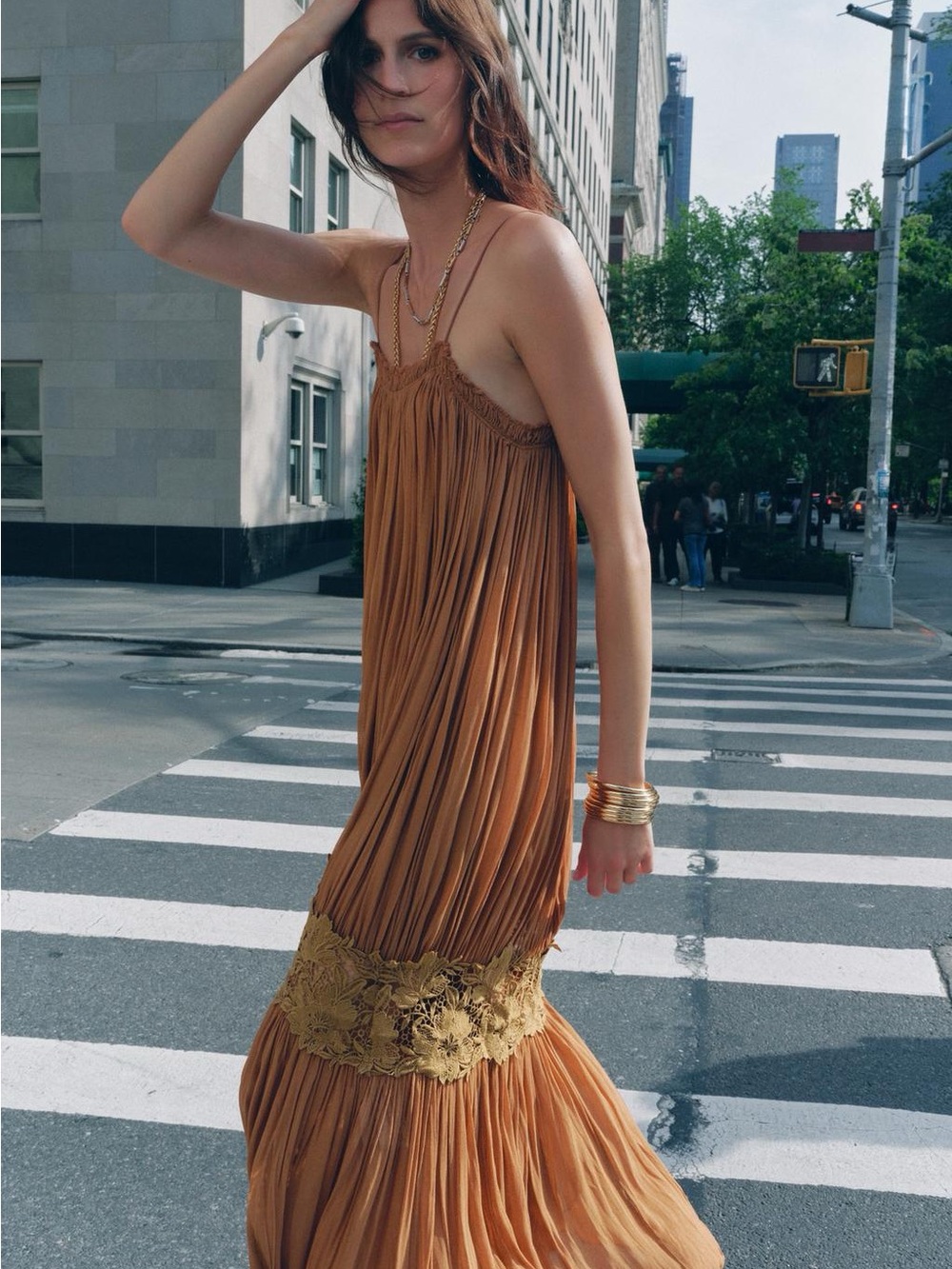 Zara ZW Collection Wrinkled Embroidered Dress in Brown - Picture 3 of 7